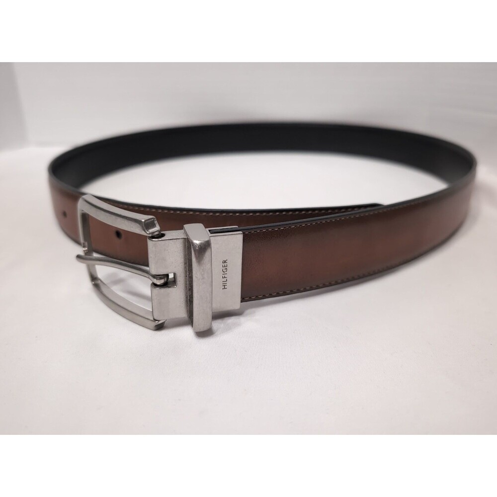 TOMMY HILFIGER REVERSIBLE BELT Sz 36 Mens BROWN/BLACK FAUX LEATHER SILVER BUCKLE